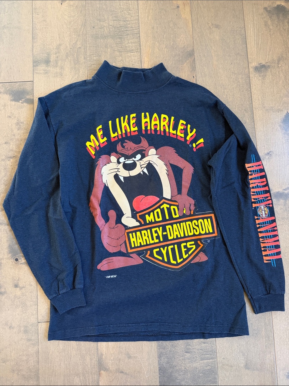 Vintage 90s Harley Davidson Motorcycles Taz Looney Tunes Striped Longsleeve M